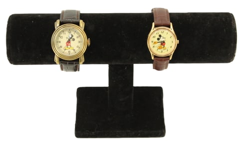 Pair of Disney Mickey Mouse Base Metal Wristwatches with Leather Bands, AS IS
