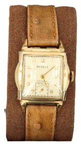 Benrus 10K Rolled Gold Plate Bezel Wristwatch with Leather Strap, AS IS
