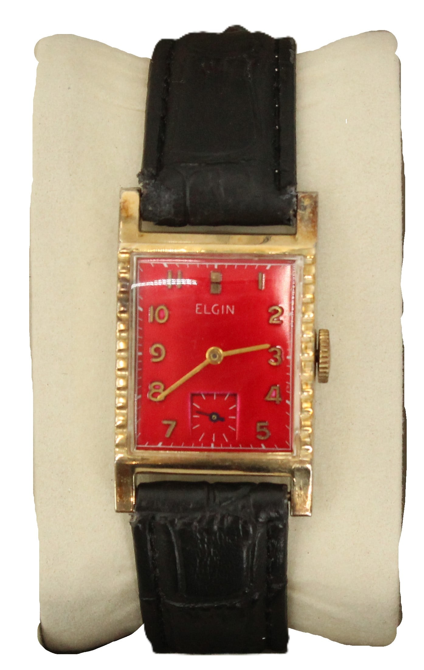 Elgin Gold Tone Stainless Steel Wristwatch with Black Leather Band, AS IS: Elgin Gold Tone Stainless Steel Wristwatch with Black Leather Band, AS IS. Red rectangular face, with the number 6 replaced by a circular second hand timer. We cannot guarantee the working condi