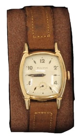 Bulova 10K Gold Filled 21 Jewels Wristwatch with Brown Leather Band, AS IS