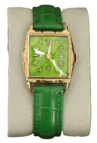 Bulova Green Enamel Face Wristwatch with Green Leather Band, AS IS