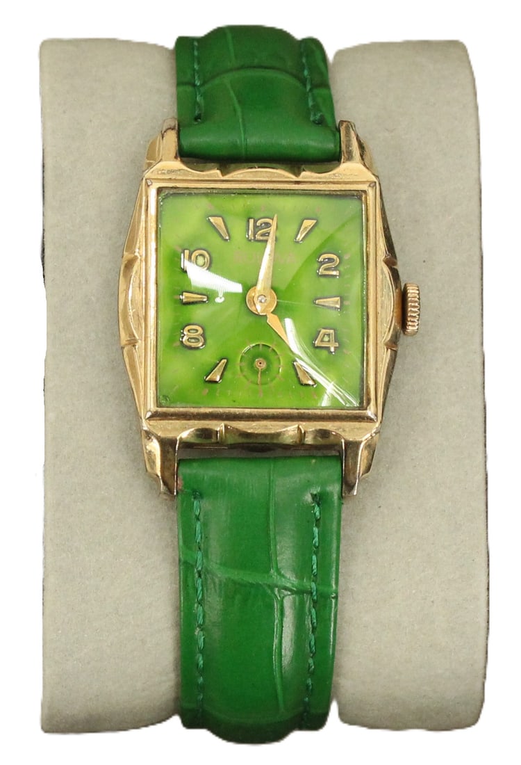 Bulova Green Enamel Face Wristwatch with Green Leather Band, AS IS (1 of 8)