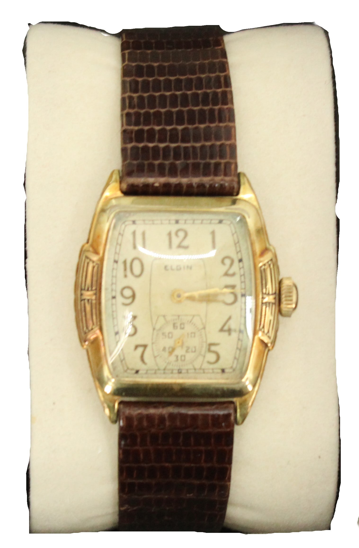 Elgin 14K Gold Filled 15 Jewels Wristwatch with Lizard Skin Strap, AS IS: Elgin 14K Gold Filled 15 Jewels Wristwatch with Lizard Skin Strap, AS IS. Rounded rectangular pill shaped face with numbers, the number 6 replaced by a circular second hand timer with ten second incre