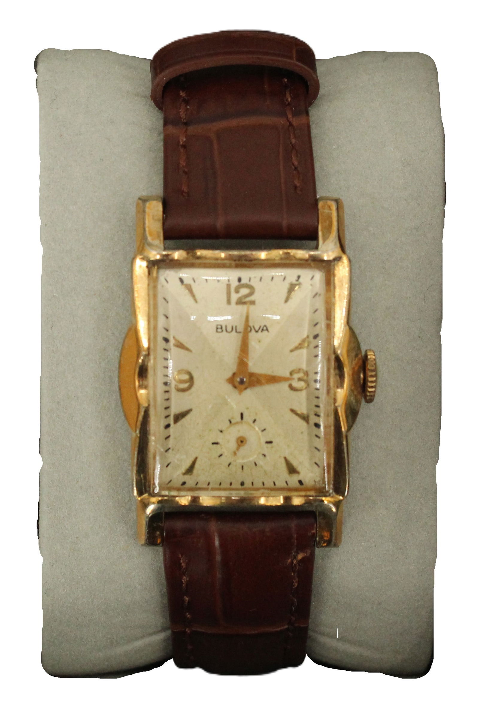 Bulova 10K Rolled Gold Plate and Stainless-Steel Wristwatch with Leather Band, AS IS: Bulova 10K Rolled Gold Plate and Stainless-Steel Wristwatch with Leather Band, AS IS. Rectangular face with just numbers 3, 9, and 12, with a circular second hand timer where the 6 would be. We
