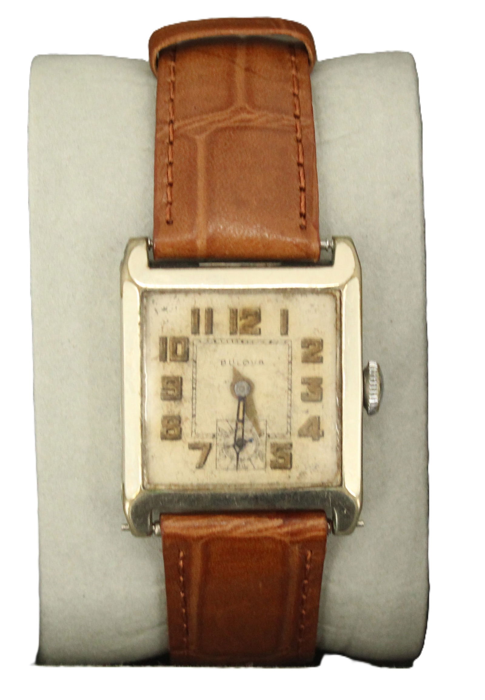 Bulova Initialed Metal Wristwatch with Leather Strap, AS IS: Bulova Initialed Metal Wristwatch with Leather Strap, AS IS. The initials "E.W.M." are etched into the back. Square face with numbers, the number 6 replaced by a square/circular second hand