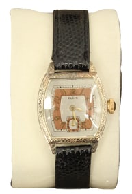 Elgin Art Nouveau Style Stainless Steel Wristwatch with Leather Band, AS IS