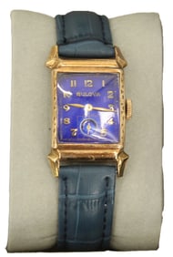 1950s Bulova Gold Tone and Blue Leather Band Wristwatch, AS IS