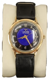 Swiss Longines Wittnauer Gold Tone Wristwatch with Black Leather Band, AS IS