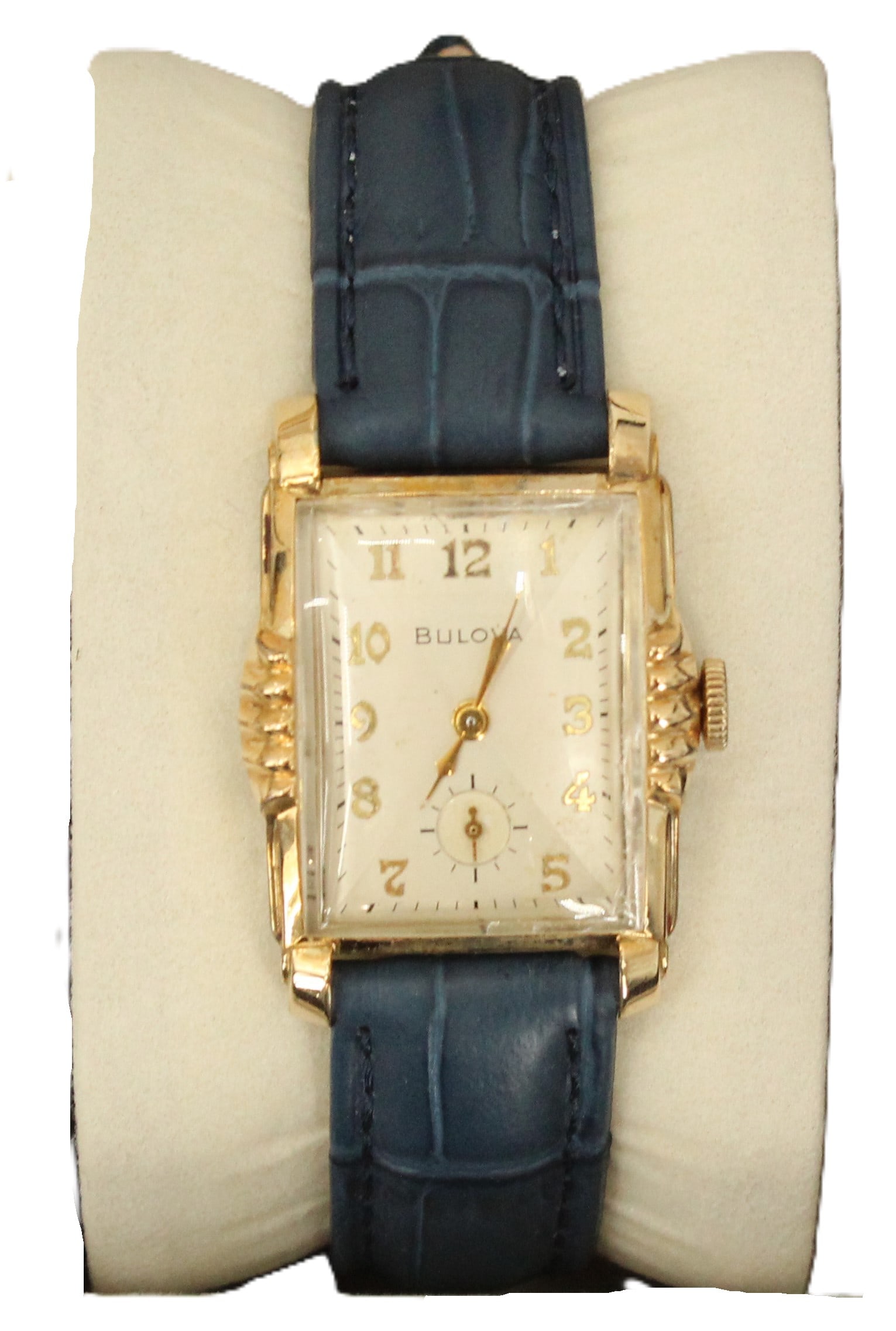 Bulova Wind-Up Wristwatch with Blue Leather Band, AS IS: Bulova Wind-Up Wristwatch with Blue Leather Band, AS IS. Rectangular face, with the 6 replaced by a circular second hand timer. We cannot guarantee the working condition of any timepie