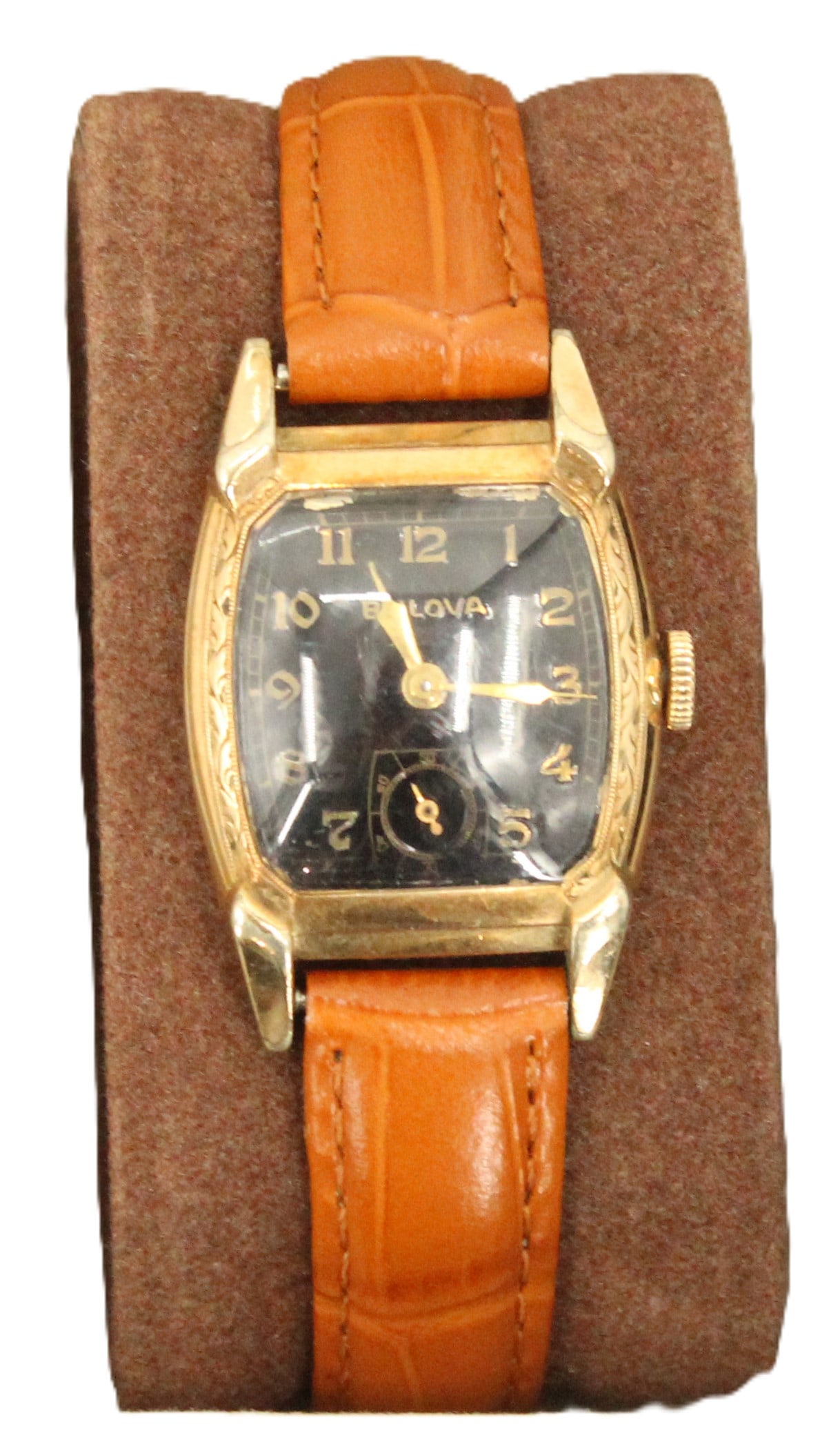 Bulova Caravelle 17 Jewels Wristwatch with Nubuck Leather Strap, AS IS: Bulova Caravelle 17 Jewels Wristwatch with Nubuck Leather Strap, AS IS. Curved black rectangular face with the number 6 replaced by a circular second hand timer. The Caravelle line was introduced in t