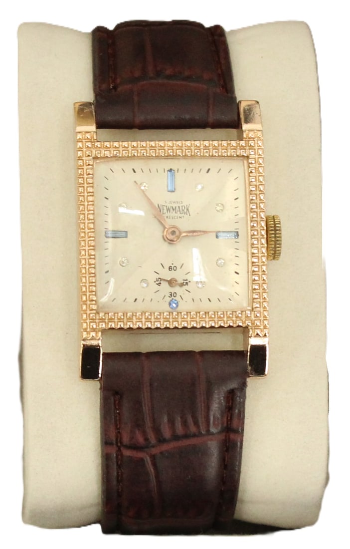 British Newmark Crescent 5 Jewels Gold Tone Wristwatch with Leather Band, AS IS: British Newmark Crescent 5 Jewels Gold Tone Wristwatch with Leather Band, AS IS. Square white face, no numbers except for a circular second hand timer at the bottom middle with 15 second increments.&n