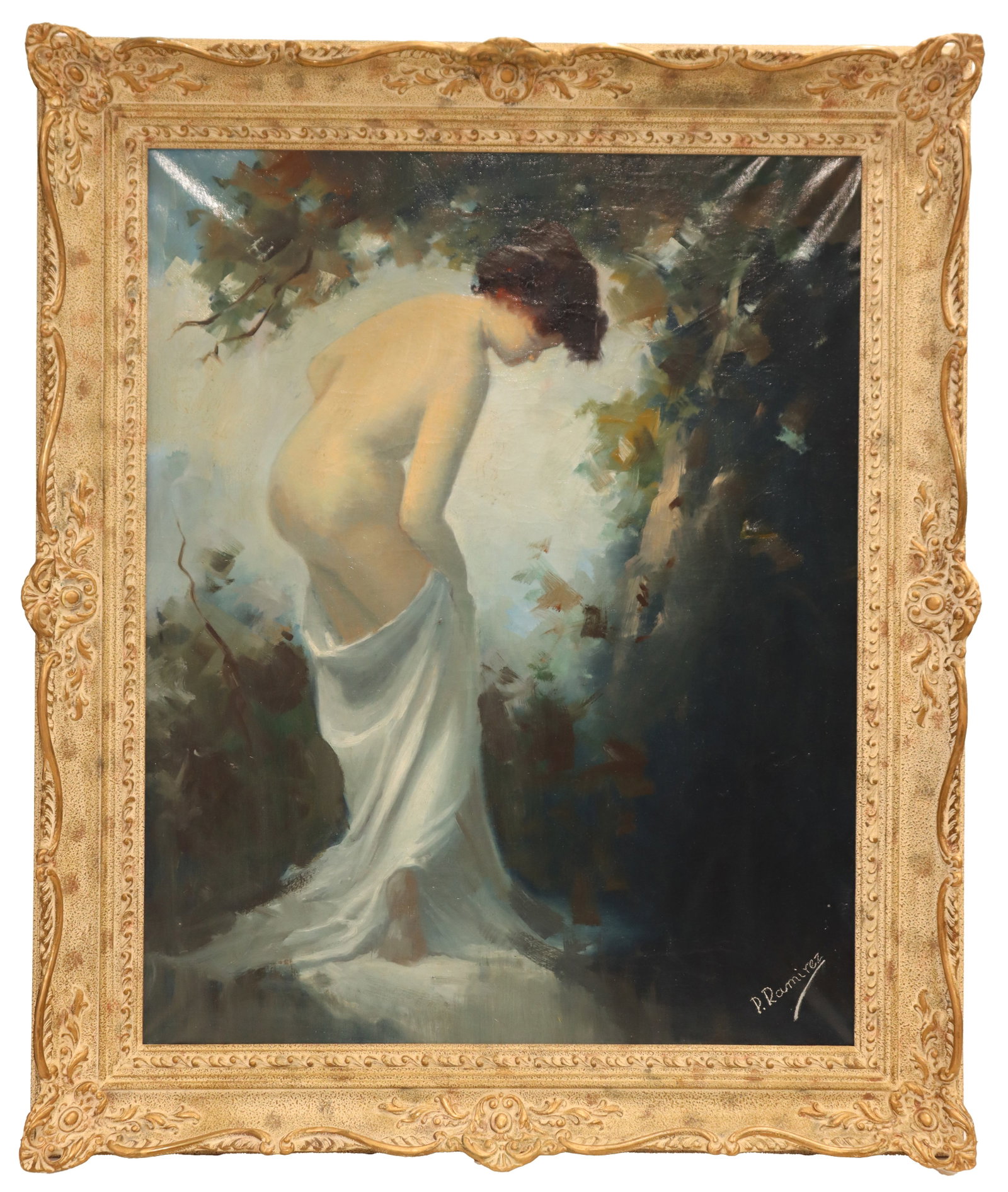 Early to Mid 20th Century Impressionist P. Ramirez Oil on Canvas: Early to Mid 20th Century Impressionist P. Ramirez Oil on Canvas. Oil on canvas painting of a tasteful nude undressing from a white robe under a tree. Signed P. Ramirez lower right. In its origi