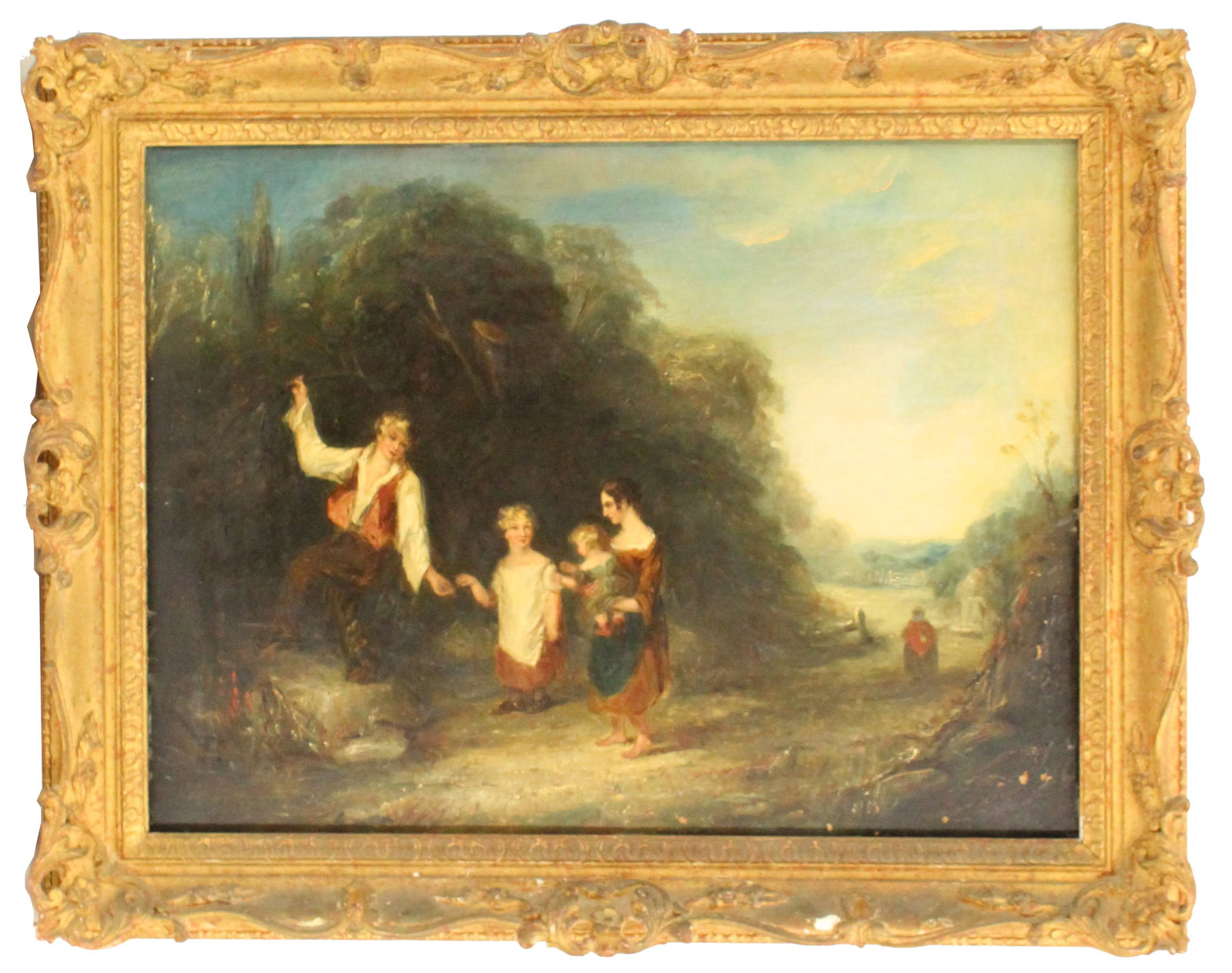 Oil on Canvas Continental Landscape with Children: Oil on Canvas Continental Landscape with Children. Oil on canvas painting depicting a group of children walking down a dirt road, framed by trees. Unsigned. Framed. Overall Size: 23 x 29 in. Sight Siz