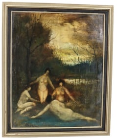 Martinus Johannes Bies (1894-1975) Oil on Canvas Painting of Bathers Resting by a Lake