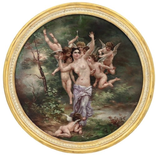 Antique Oil on Canvas Painting After Wiliam Adolphe Bouguereau (1825-1905) French: Antique Oil on Canvas Painting After Wiliam Adolphe Bouguereau (1825-1905) French. Depicts Venus surrounded by cupids. Overall Size: 30 x 30 in. Sight Size: 25 x 25 in. #9143