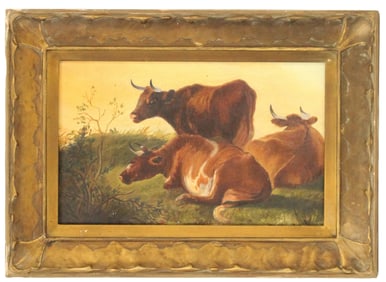 19th Century English School Oil Painting in the Style of Thomas Sidney Cooper of Cows Resting in a