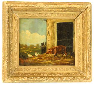 Antique 19th Century Oil on Panel Painting of a Pig with Chickens in a Barnyard