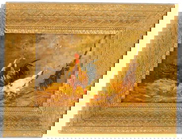 Antique 19th Century Oil on Wood Panel Painting of Chickens in a Barn