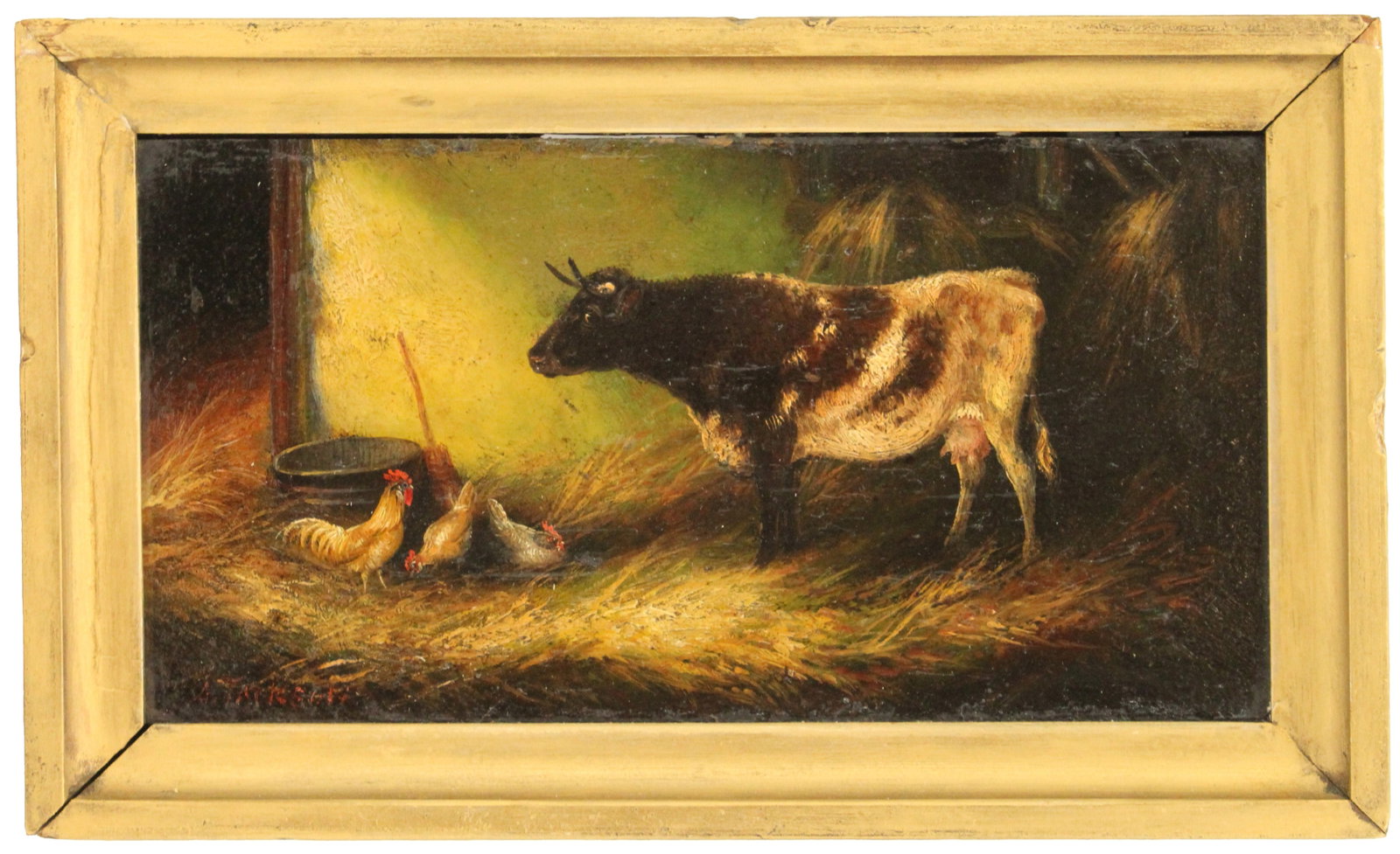 Arthur Jackson British 19th Century Oil on Board Painting of a Cow with Chickens in a Barn: Arthur Jackson British 19th Century Oil on Board Painting of a Cow with Chickens in a Barn. Jackson specialized in painting country scenes, usually with animals and often in barns. His work dates from