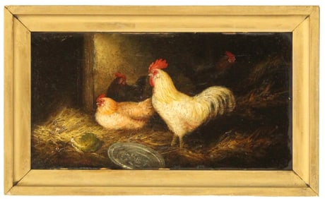 Arthur Jackson 19th Century British Oil on Board Painting of Chickens in a Barn with Rooster and