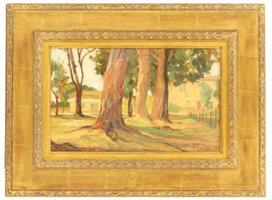 Indistinctly Signed Oil on Panel Landscape Painting "Near the Villa"