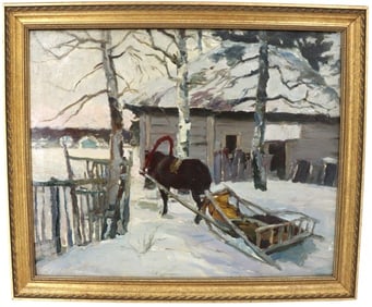 Russian Winter Scene with Horse and Sleigh After Konstantin Korovin (1861-1939) Oil on Canvas