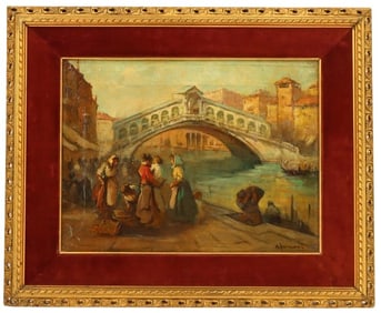 A. Ferrari Venice Oil on Canvas Painting of the Rialto Bridge on the Grand Canal