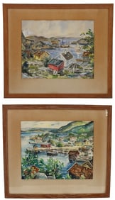 Pair of 1950's Original Watercolor Harbor Scenes "Fr Sorlandet" (Southern Norway) Signed