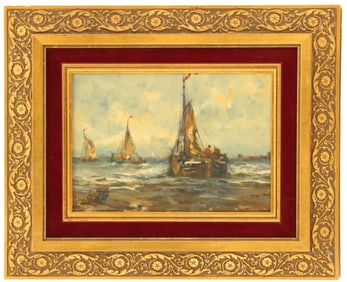 Antique Painting of Dutch Barges Signed H.M. in the Style of Hendrik Mesdag