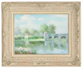 F. Sesley Impressionist Landscape Painting, Bridge over River