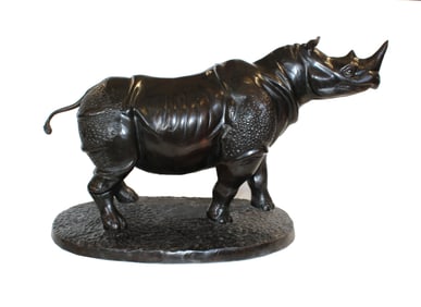 Fabulous Late 20th Century Cast Bronze Sculpture of a Rhinoceros on Oval Bronze Base