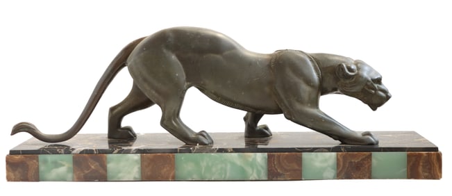 Irene Rochard (1906-1984) French, Stalking Panther Bronze Sculpture on Striped Marble Base