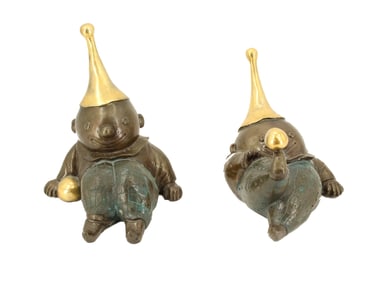 (2) Matching Happy Bronze and Gilt Clown Sculptures