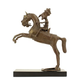 Cameroon Bamoun Bronze Sculpture of a Horse Rider on Base