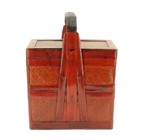 Red Lacquered Chinese Food Basket As Is