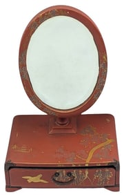 Antique Red Lacquer Japanese Makeup Mirror and Drawer