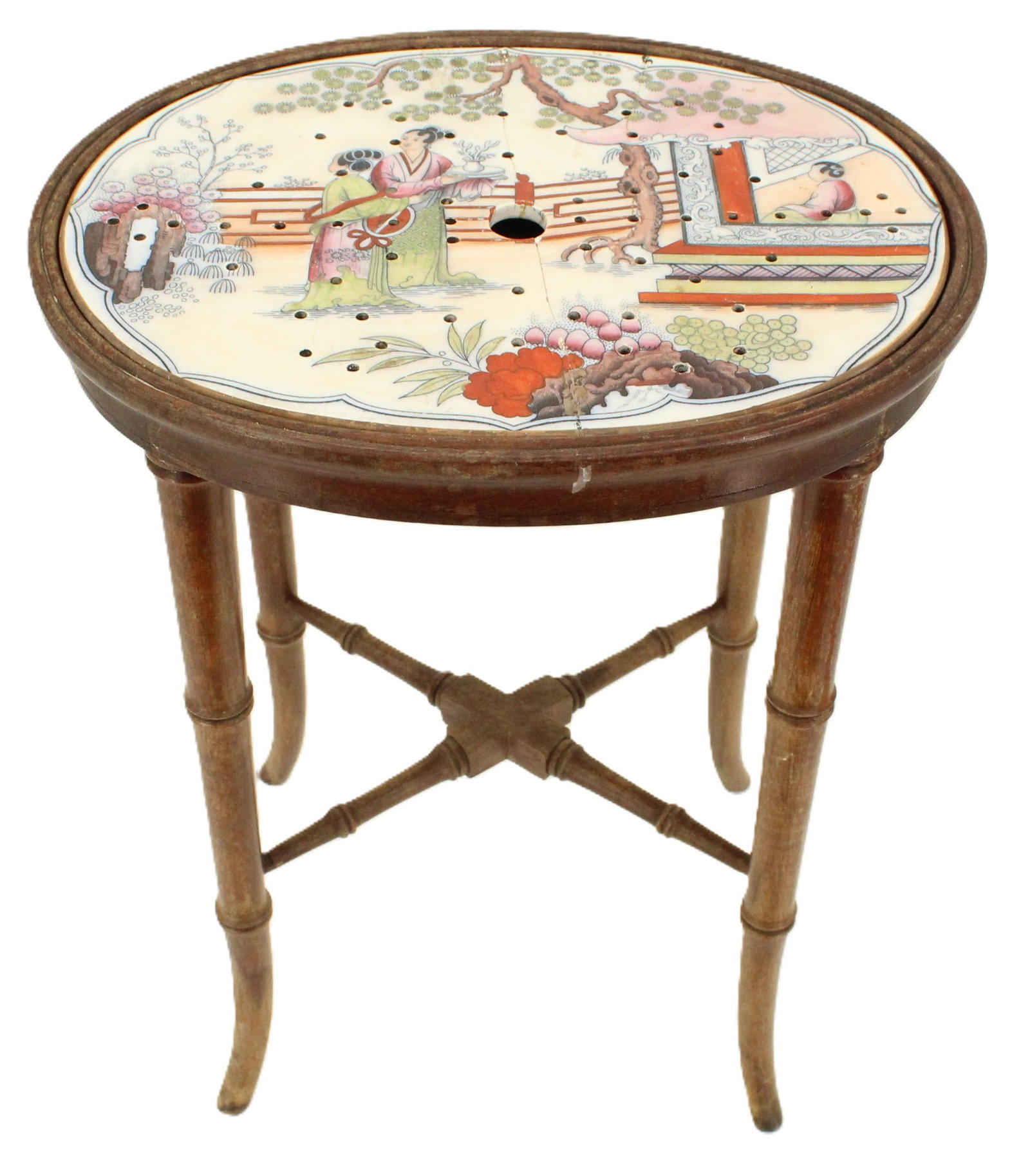Porcelain Steamer Plate Made into a Bamboo Style Table: Porcelain Steamer Plate Made into a Bamboo Style Table. Condition as pictured; Commensurate with age. Top cracked in lower middle. Top is loose from base. Size: 13 1/2 x 10 1/2 