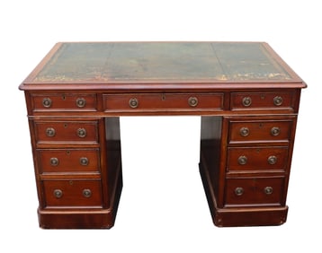 19th Century Antique English Mahogany Pedestal Desk with Gilt-Tooled Leather Top