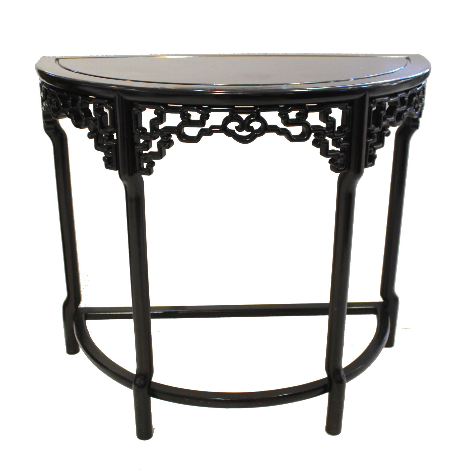 Wooden Chinoiserie Demi-Lune Side Table: Wooden Chinoiserie Demi-Lune Side Table. Geometric designs below the top, with four sturdy plain legs connected to a simple crescent shape above the feet. Condition: Commensurate with use. 