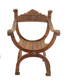Antique Renaissance Revival Style Carved Walnut Curule Armchair