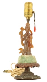 Antique Chinese Qing Dynasty Guanyin Jade and Agate Lamp on Elaborate Metal Base