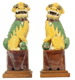 Pair of Chinese Porcelain Foo Dogs with Wooden Bases
