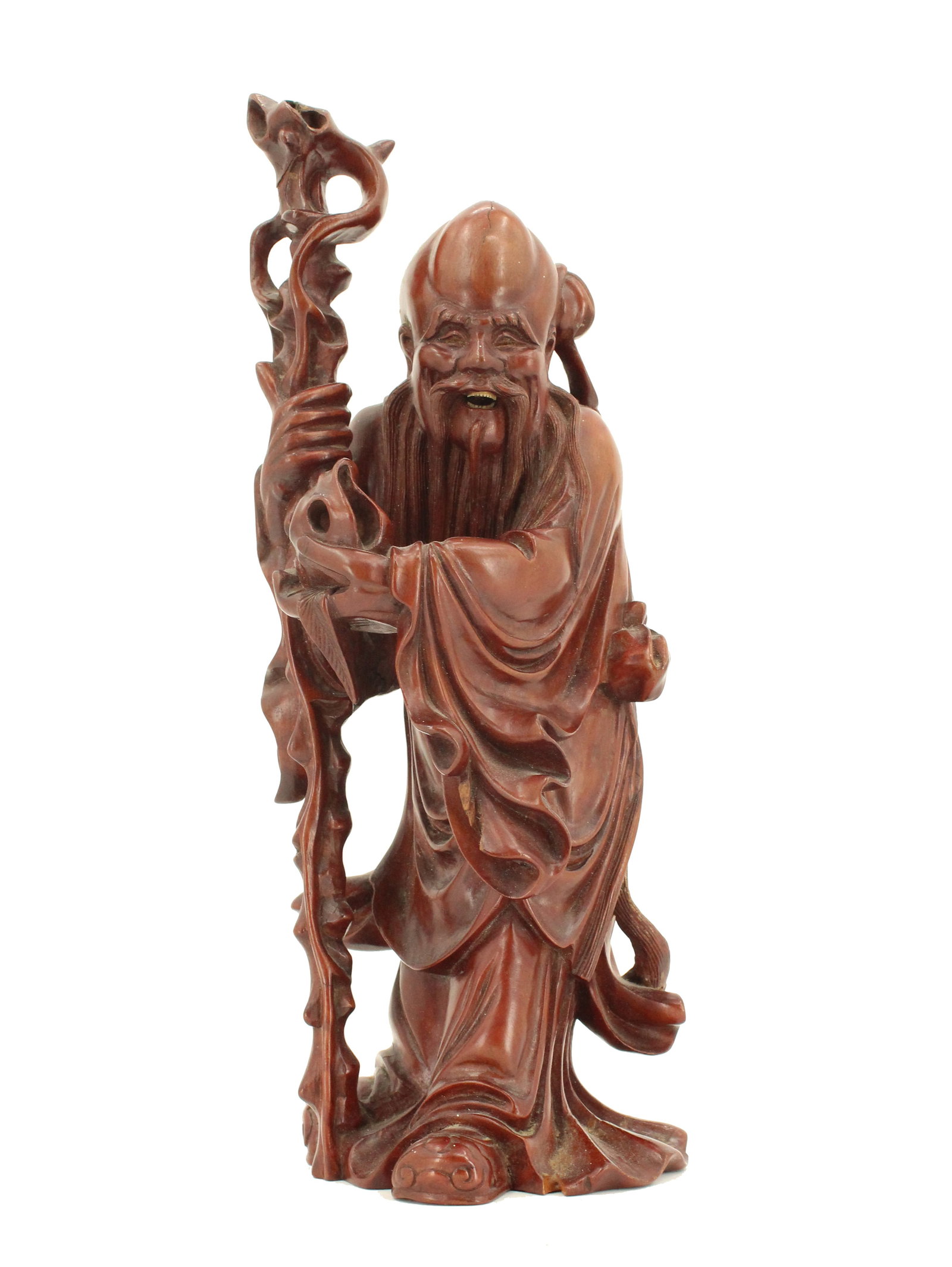 Chinese Shouxing Immortal Carved Rosewood Figurine: Chinese Shouxing Immortal Carved Rosewood Figurine. Highly detailed body and tall staff. Condition: Cracks throughout. Commensurate with age. Size: 5 x 4 1/2 x 11 1/2 in. Shouxing, a