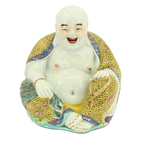 Chinese Porcelain Famille Jaune Sculpture of Hotei the Laughing Buddah