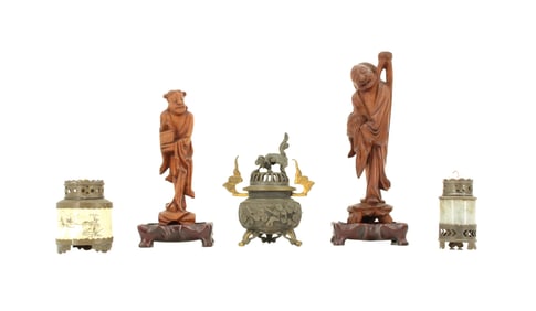 Group of (5) Chinese Items Including Incense Burner, Oil Lamp and Figures on Bases