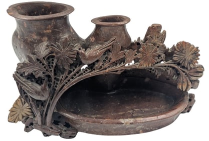 Early 20th Century Chinese Carved Soapstone Inkstone and Brush Vase