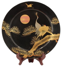 Large Japanese Lacquer Charger Crane, Pine Trees, and Moon Decoration