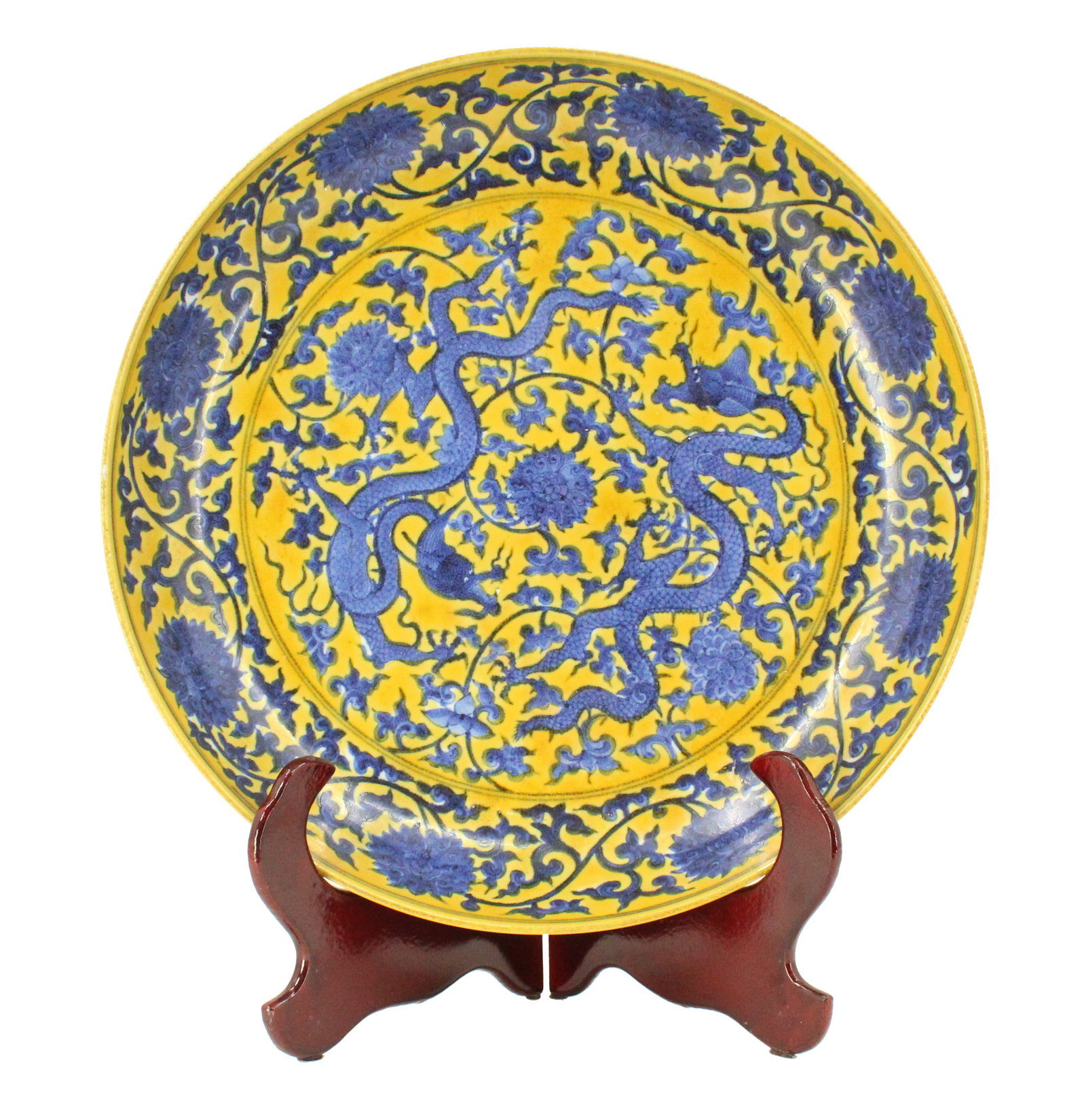 Yellow Chinese Charger With Blue Dragons: Yellow Chinese Charger With Blue Dragons Size: 18 x 18 x 3 1/4 in. #6670 #25408