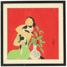 Mo Nong Chinese 20th Century Woman with Cat Gouache on Paper Painting