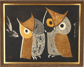 Kaoru Kawano (1916–1965) Japanese, Woodblock Print "Three-Eyes Owl"